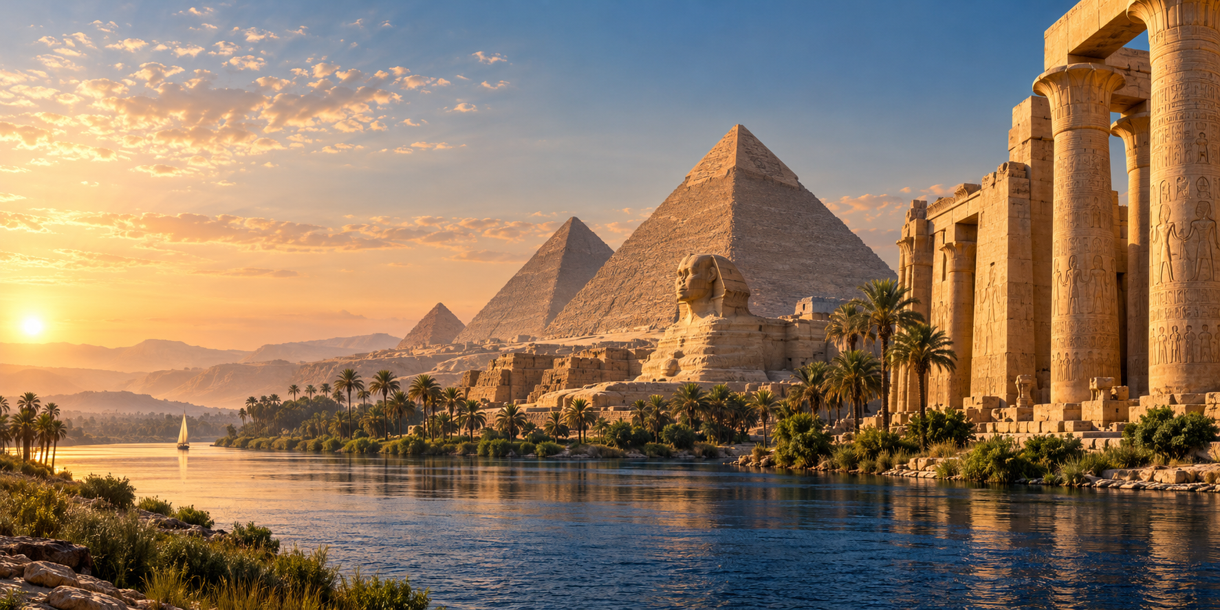 An artistic panorama of Egypt's pyramids, the Sphinx, ancient temple columns and the Nile at golden hour