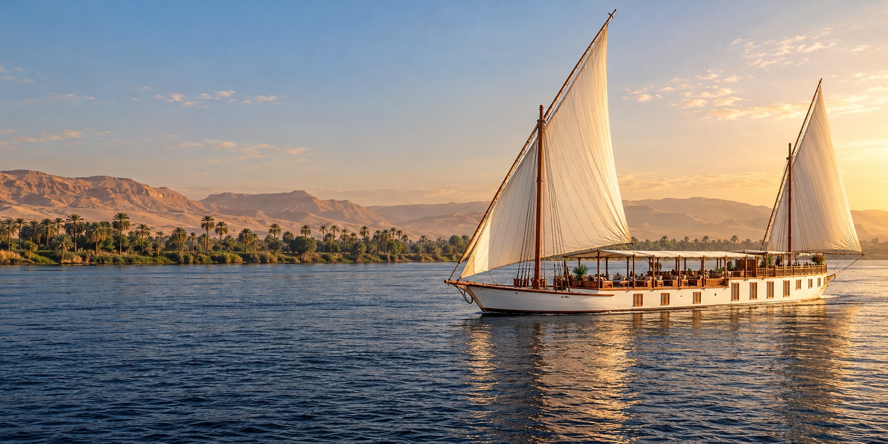 An artistic view of a traditional dahabiya sailing on the Nile at golden hour